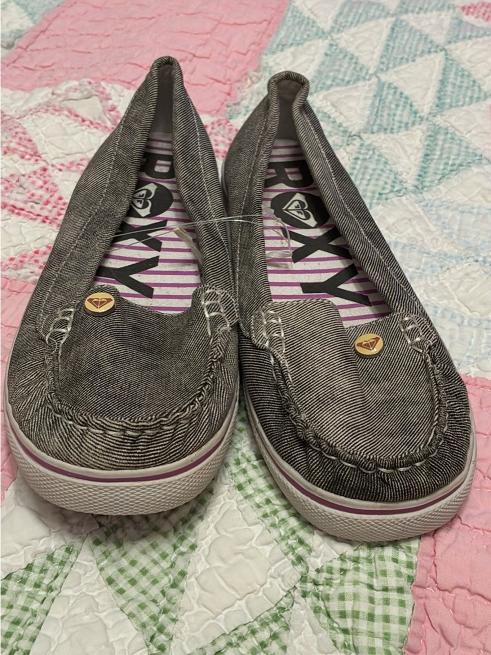 Roxy Women's Slip-On Canvas Loafers in Charcoal with Pink Accent